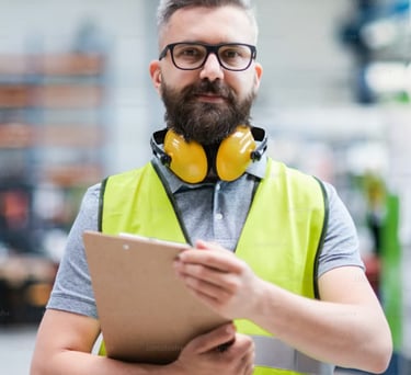 Professional ecommerce warehouse employee with pad in hand