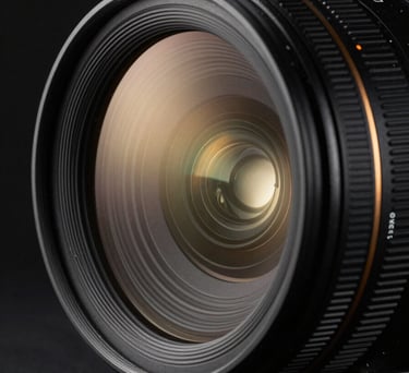 Macro shot of a high-end professional camera lens reflecting a soft gold light, black background, premium product photography style.