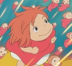 Ponyo and her smaller sisters. In this image she looks human, but still retains a fishy, wide face.
