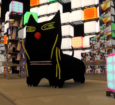 a cat in a room with mirrors and color squares