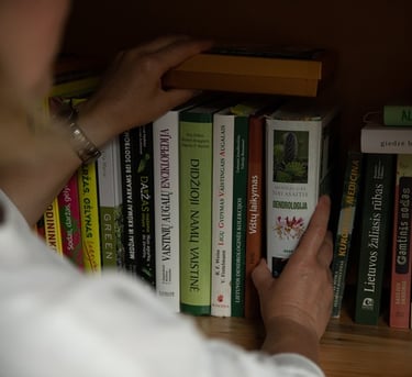 ranka ima žalią knygą iš knygų lentynos