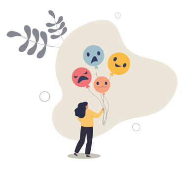 a person holding balloons with emoticions of emotons