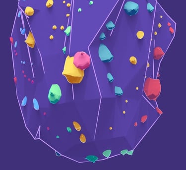 purple climbing wall full of colourful holds
