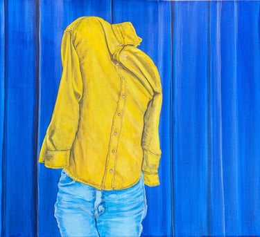 Rag and Bones Theatre acrylic painting of a bright yellow shirt and worn jeans against blue curtain. Collab with G. K. Allum