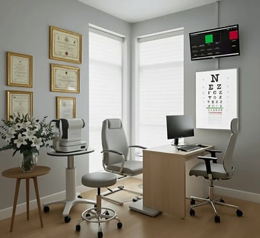 Modern optometrist clinic with eye-exam equipments and certificates on the wall.