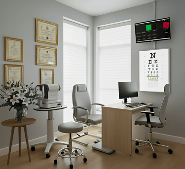 Modern optometrist clinic with eye-exam equipments and certificates on the wall.