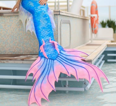A pink and blue tail by Mermaid Kat, with pink ankle fins and translucent blue hip fins.