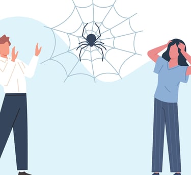 zwei Personen haben Angst vor einer Spinne zwischen ihnen. Bild im Comicstyle.