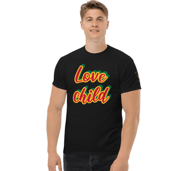 a man in a black shirt with the words love child on it