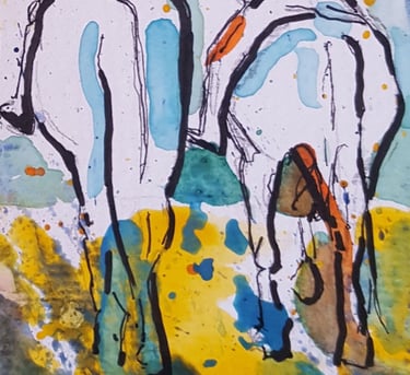 My mixed media painting of a group of people riding horses