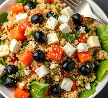 a bowl of kous-kous, olives, chopped tomatoes