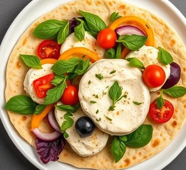 a plate of food with a tortilla and cheese