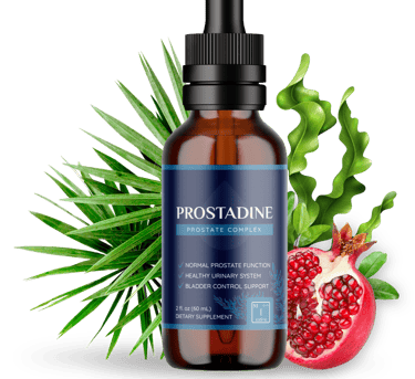 Prostadine prostate complex liquid supplement bottle with saw palmetto and pomegranate.