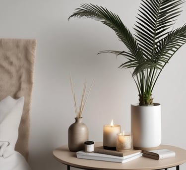 A cozy living room bathed in soft candlelight with elegant diffusers and linen mists arranged on a wooden shelf.