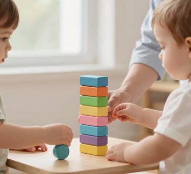 A therapist gently guiding a toddler's hands to stack colorful wooden blocks on a low table, soft natural window light, close-up on hands.