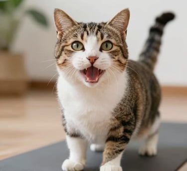 A cute tabby and white cat meowing while standing on a gray yoga mat indoors.