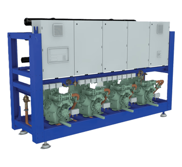 Industrial refrigeration rack featuring semi-hermetic compressors and a control panel.