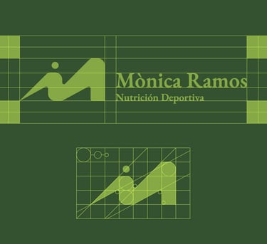 Mònica Ramos Nutrición Deportiva logo design grid showing branding typography and geometric icon construction.