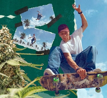Skater performing a trick mid-air on a skateboard collage featuring cannabis flowers and palm trees.
