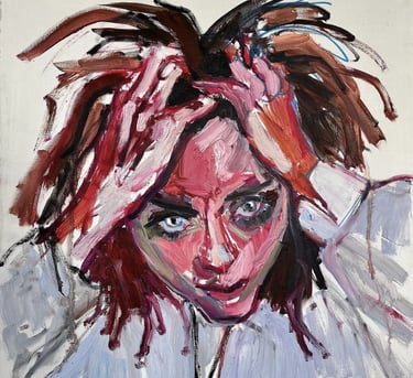 Oil painting of a woman with red hair and a white shirt by mone Kielė - "Viskas"