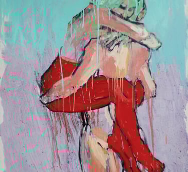 Oil painting of a woman huging a man by mone Kielė - "Lizdas"