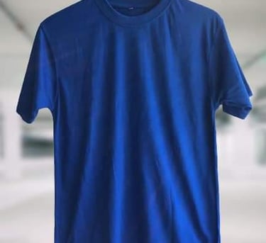 a plain navy blue t-shirt displayed on a hanger