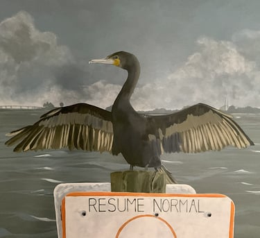 Painting of an adult cormorant perched with wings open drying himself on a boat navigation sign in the waters of Tampa Bay.