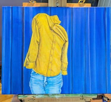 Rag and Bones Theatre acrylic painting of a bright yellow shirt and worn jeans against blue curtain. Collab with G. K. Allum