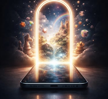 Vertical fantasy-tech art: sleek tablet with glowing portal opening into a magical world of games and creativity