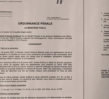 Ordonnance pénale qui dénonce Guilloud de sa fabrication illégale d'absinthe