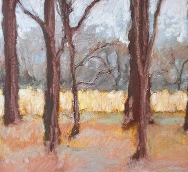 NFS A painting of a forest scene with trees in oil pastel on paper
