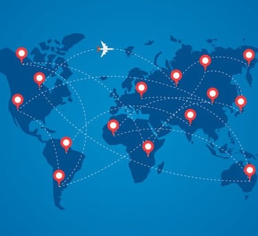 a map of the world with a plane flying over it
