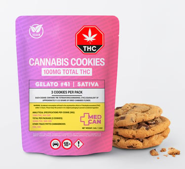 Gelato #41 Sativa cannabis cookies in pink 100mg THC packaging with three chocolate chip cookies.