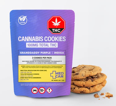 Granddaddy Purple Indica cannabis cookies with 100mg THC in a purple edible packaging bag.