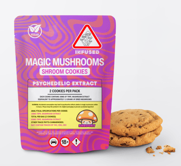 A purple pouch of Magic Mushrooms Shroom Cookies with psychedelic extract next to two chocolate chip cookies.