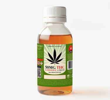 A 100ml bottle of 50mg THC cannabis liquid edible with a green label and white cap.