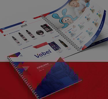 Catálogo Vobel em mockup e diversas páginas.