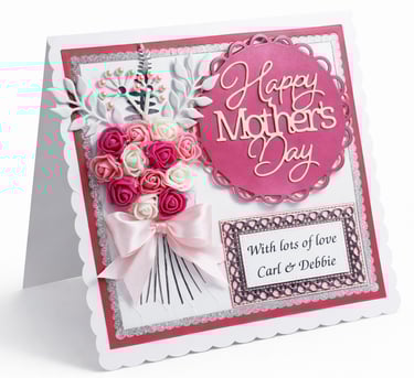 Handmade Happy Mother's Day card featuring pink and white 3D floral roses, a satin bow, 