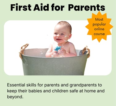 A baby smiling and playing in a tin both, first aid for parents online course