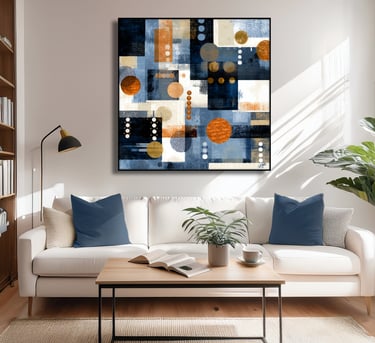a living room with a couch and a coffee table with abstractframed wall art in blues, beige and golds