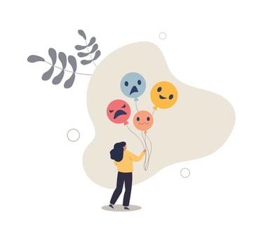 a person holding balloons with emoticions of emotons