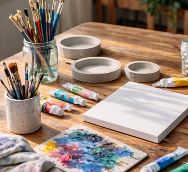  Mesa de estudio de artista con tubos de pintura al óleo, pinceles, una paleta de colores y un lienz