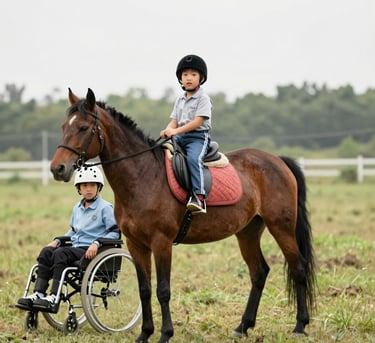 A child with a disability confidently riding a horse with supportive adaptive equipment.