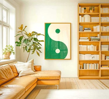 Minimalist green yin yang wall art with modern abstract balance and harmony design