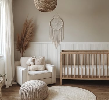 Een rustige en minimalistische babykamer in neutrale beige- en wit-tinten met een houten wiegje, een