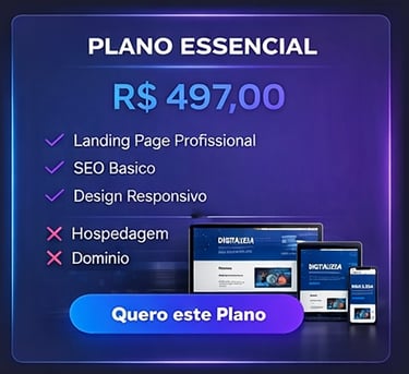 Tabela de preços Plano Essencial com landing page profissional, SEO básico e design responsivo.