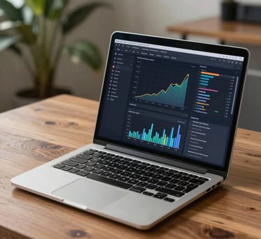 A sleek modern laptop on a wooden desk showing a complex software dashboard with growth charts, blurred tropical plants in the background, professional corporate style.