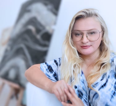 Agnieszka Korycka, artist, woman in glasses and Ralph Lauren dress luxury epoxy art