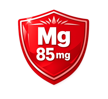 Red shield icon displaying Mg 85mg for magnesium dietary supplement dosage and immune protection.