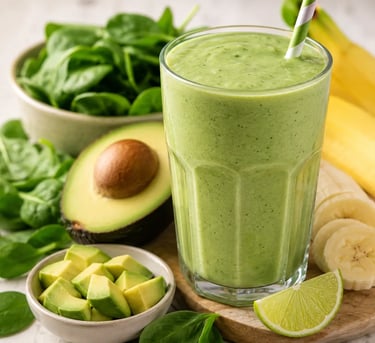 A healthy green smoothie in a glass with avocado, spinach, bananas, and lime ingredients.